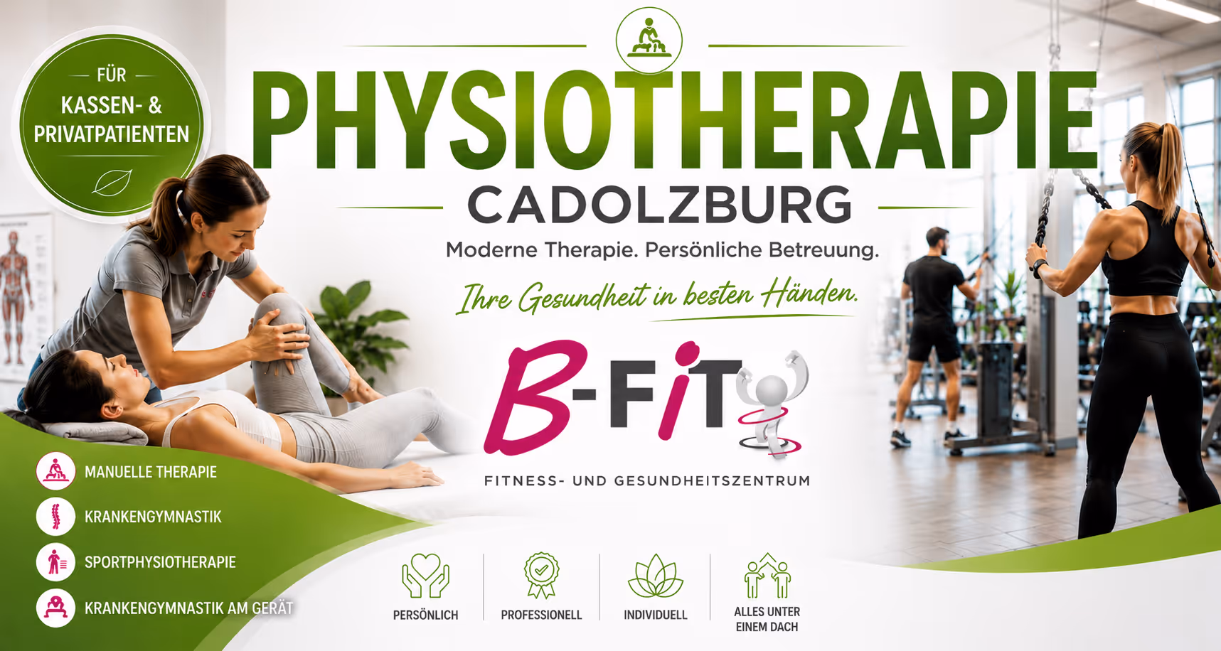 Werbemotiv zur Physiotherapie Cadolzburg mit Therapie- und Trainingsszenen